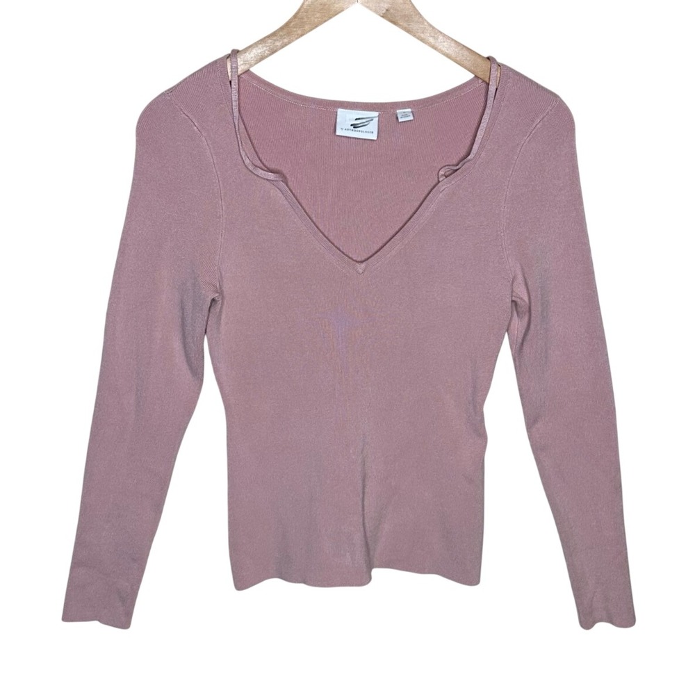 Anthropologie V-neck Ribbed Knit Long Sleeve Top size Medium Mauve Light Pink